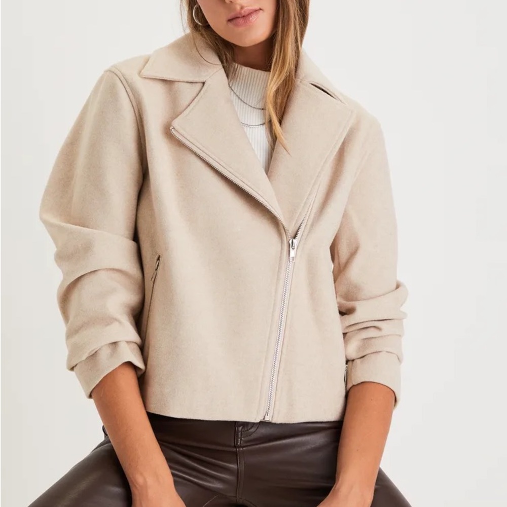 NEW Lulus Confident Edge Heather Beige Moto Jacket